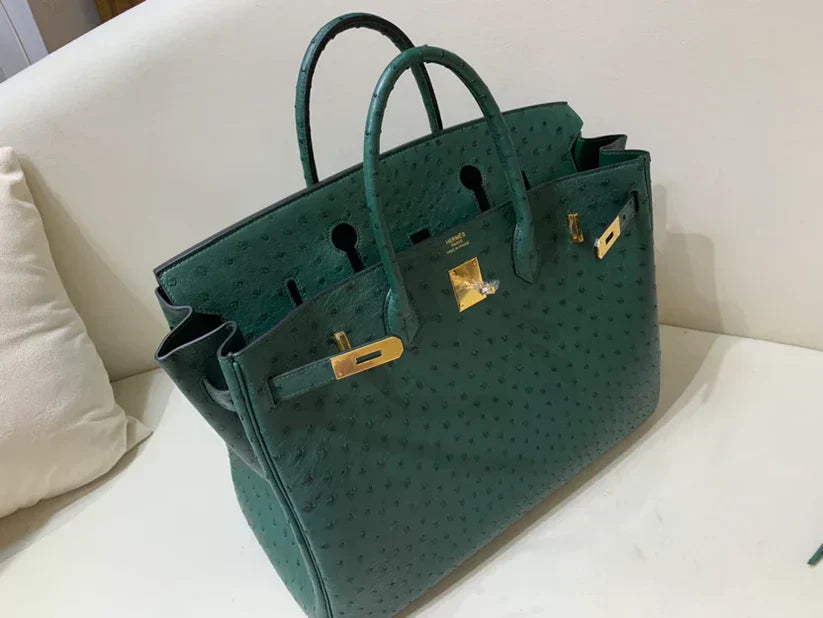 40 Ostrich Malachite With Gold Hardware Bag